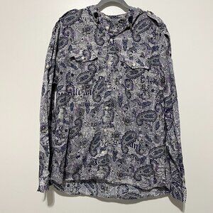 Galliano Mens Hooded Button Up Shirt EST US L Paisley Newsprint Y2K Grunge Indie